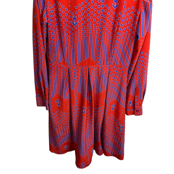 ModCloth Dress Womens 10 Fit and Flare Long Sleeve Pleated Red Blue Print Fall - Picture 10 of 16